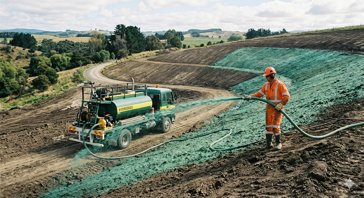 A worker in orange safety gear sprays green hydroseed onto a sloped dirt hillside from a truck-mounted tank.