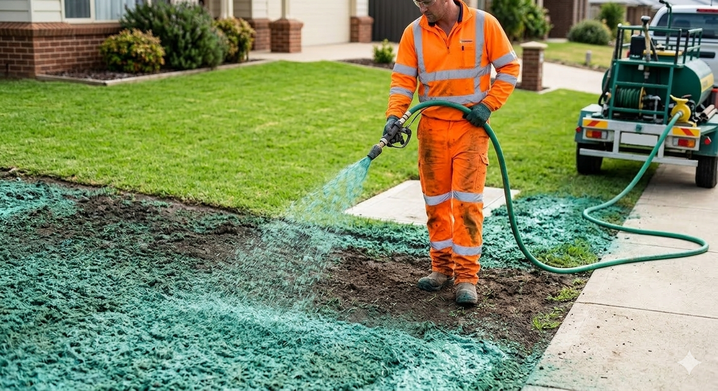 Worker in orange safety gear hydroseeding a residential lawn.