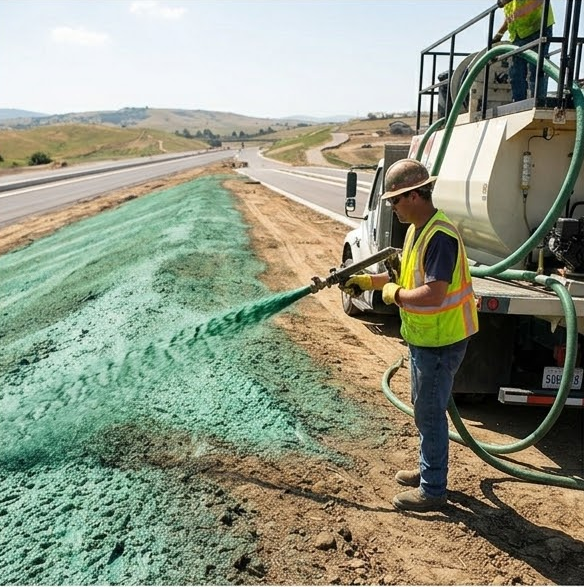A construction worker in a safety vest sprays green hydroseed onto a dirt embankment beside a highway to prevent erosion.