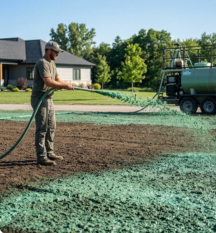 A man sprays green hydroseed onto bare soil from a hose. A large tank trailer sits in the background near a house and trees.