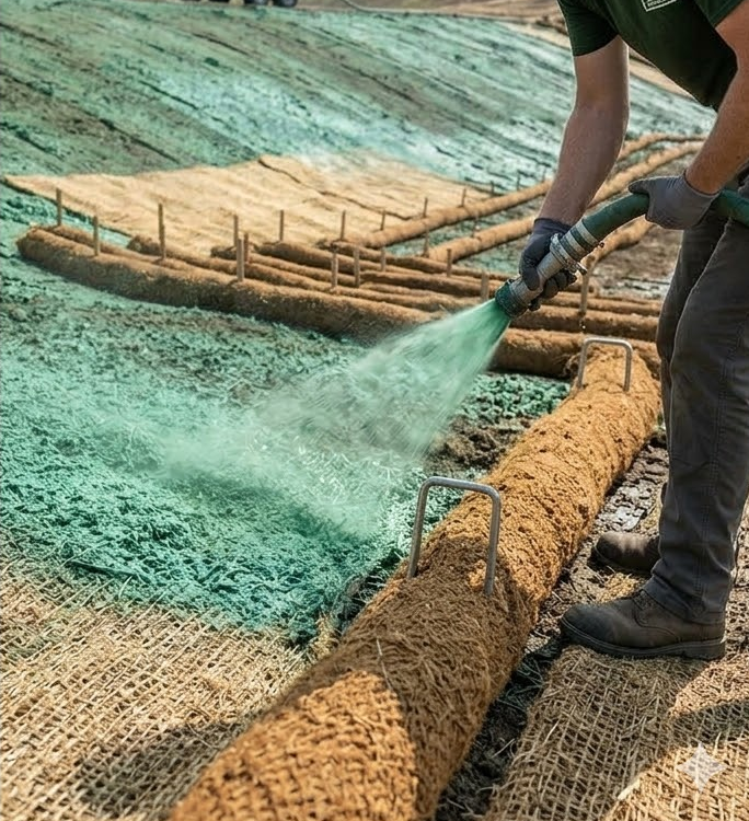 A man sprays green hydroseed onto bare soil from a hose. A large tank trailer sits in the background near a house and trees.