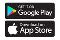 A google play and an apple app store logo on a white background.