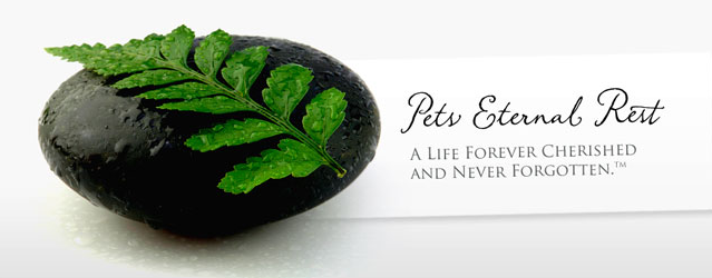 A black rock with a green leaf on it and a card that says pets eternal rest