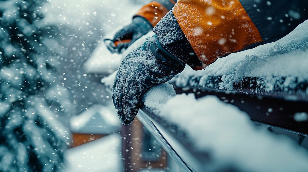 Man shuffling snow off of his gutter in Denver to prevent from freezing.