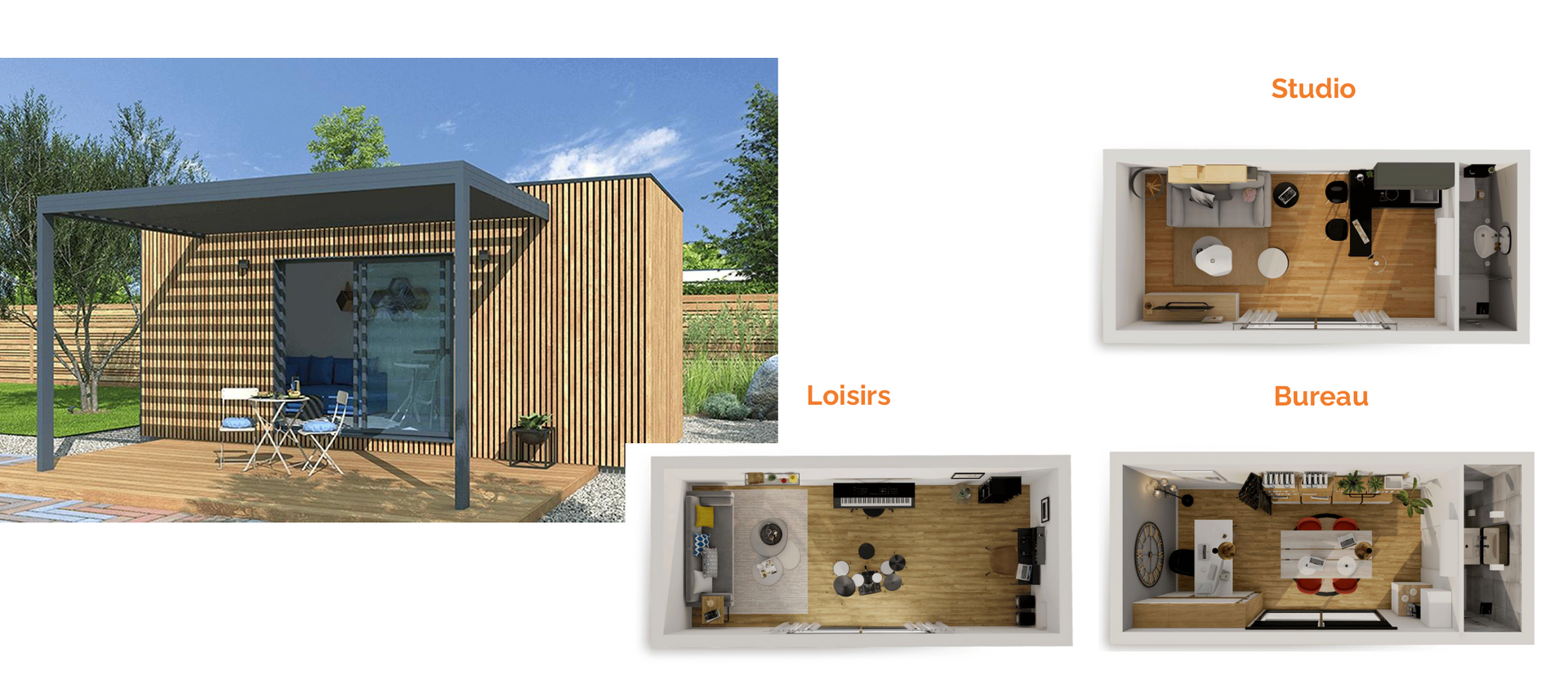 Un chalet extérieur avec une petite terrasse et trois schémas d'aménagement intérieur : Studio, Lola et Queen.