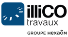 Logo pour illiCO travaux, Groupe hexaôm. Carré bleu avec motif blanc et texte noir.