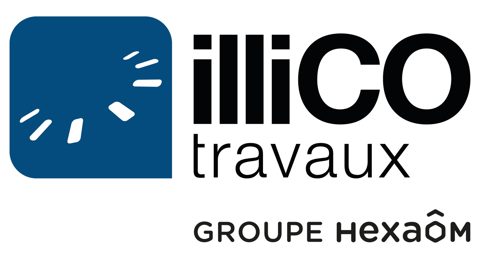 Logo pour illiCO travaux, Groupe hexaôm. Carré bleu avec motif blanc et texte noir.