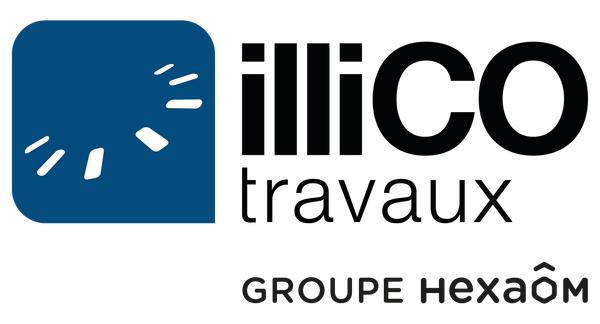 Logo pour illiCO travaux, Groupe hexaôm. Carré bleu avec motif blanc et texte noir.
