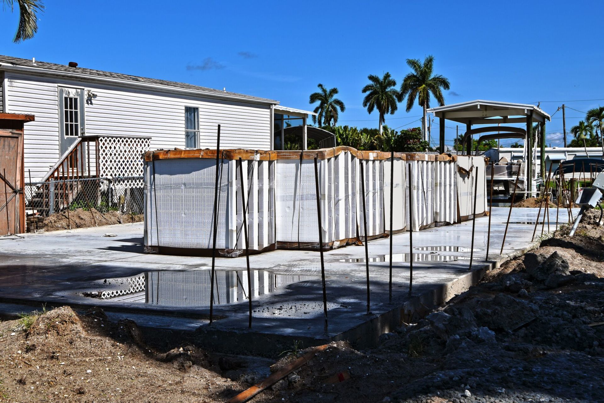 Stacks of white panels on concrete foundation; construction site with building and palm trees.