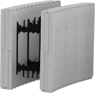 Two gray ICF blocks, separated, showing the interior structure and interlocking system.