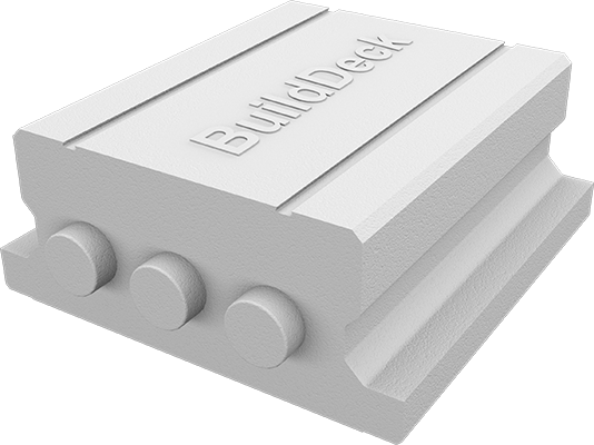 White 3D-rendered BuildDeck component with three cylindrical pegs on the side.