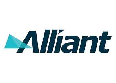 Alliant logo: navy text with teal geometric shape, on white background.