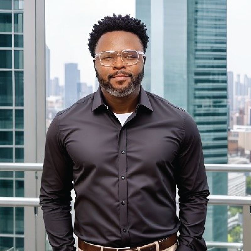 Man in black shirt and glasses, posing on a balcony overlooking a city skyline.