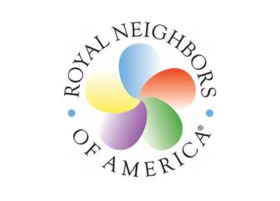 Royal Neighbors of America logo: colorful flower shape within a circle, text around perimeter.