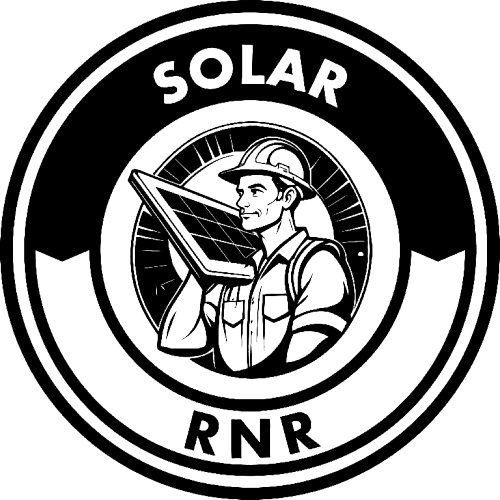 A black and white logo of a man holding a solar panel.