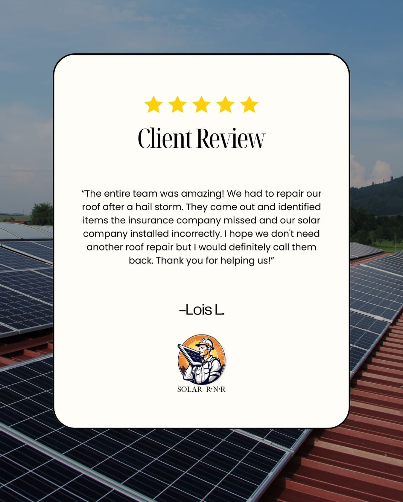 A client review card with a picture of solar panels on a roof.