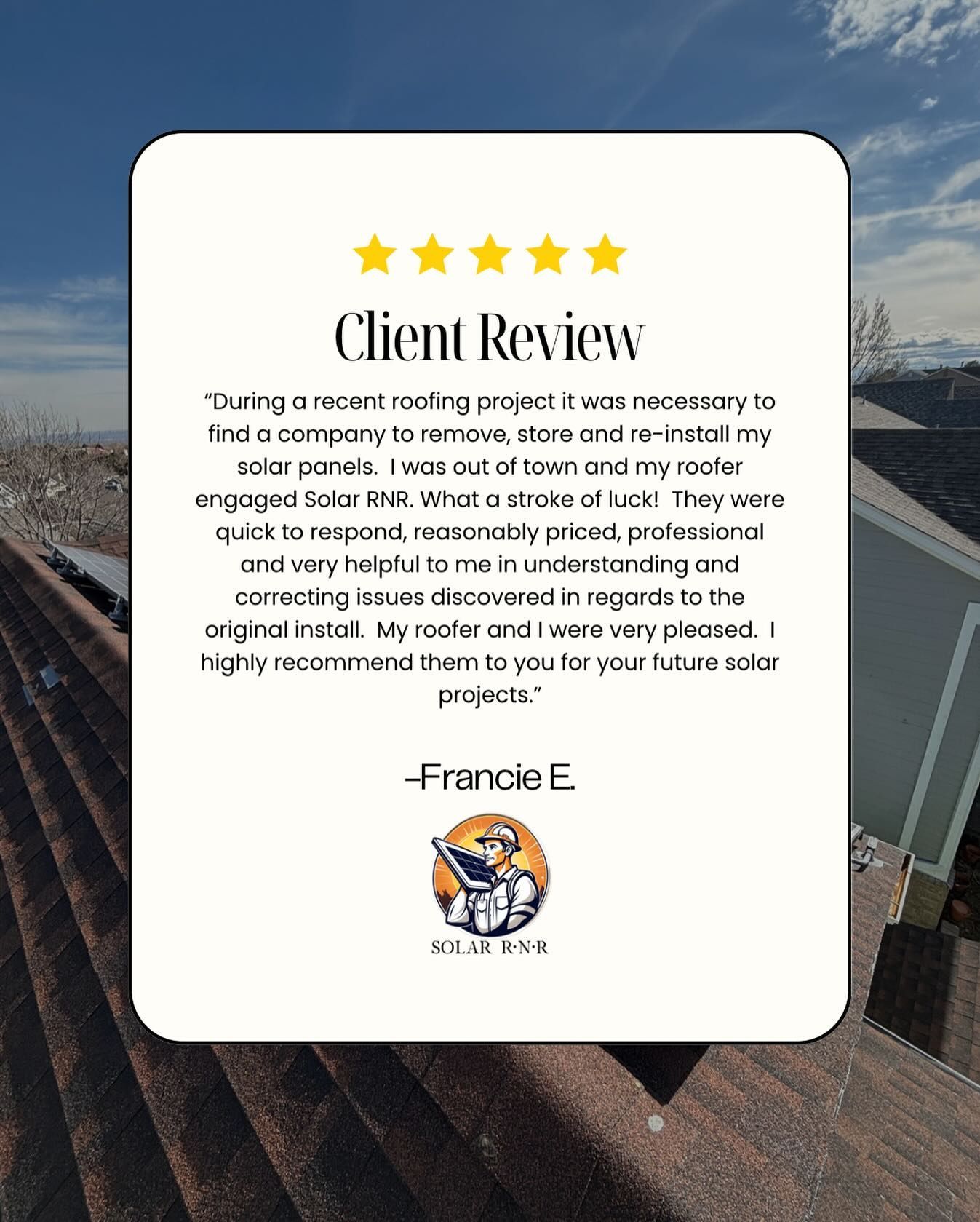 A client review card with a picture of a roof.