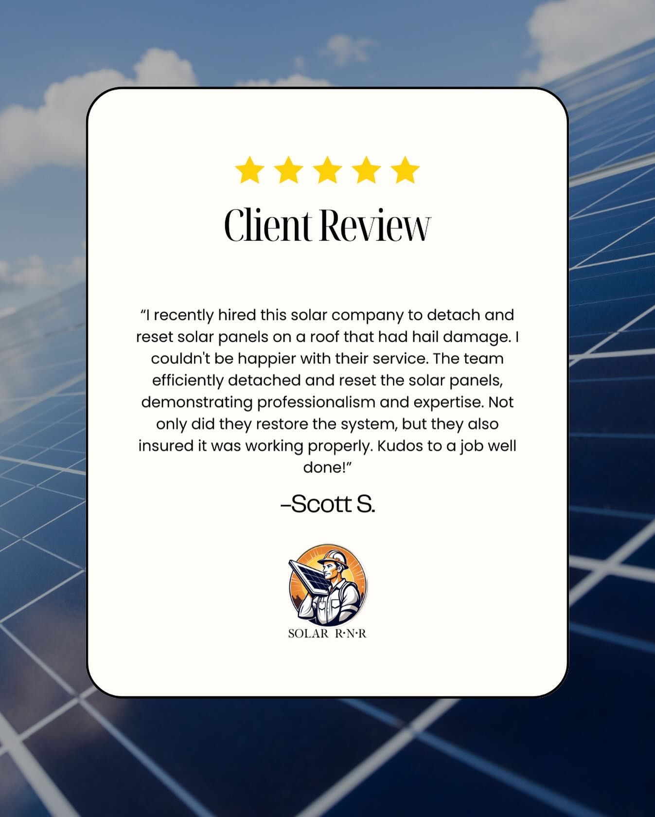 A client review card with a picture of solar panels in the background.