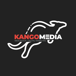 Logo for KangoMedia featuring a white outline of a kangaroo over red and white text on a black background.