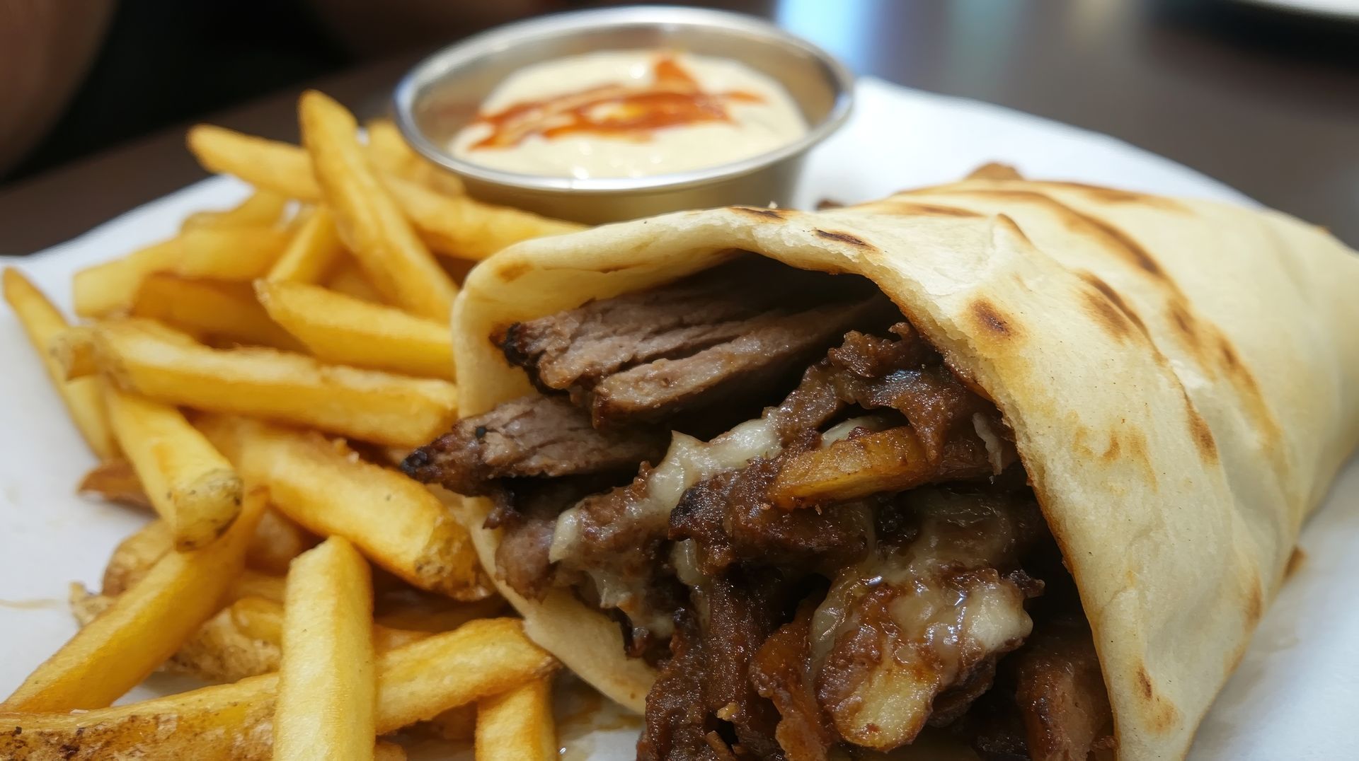 A wrap and french fries on a white plate.