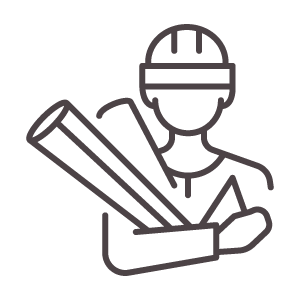 Ilustração de arquiteto segurando plantas enroladas, usando capacete de segurança.