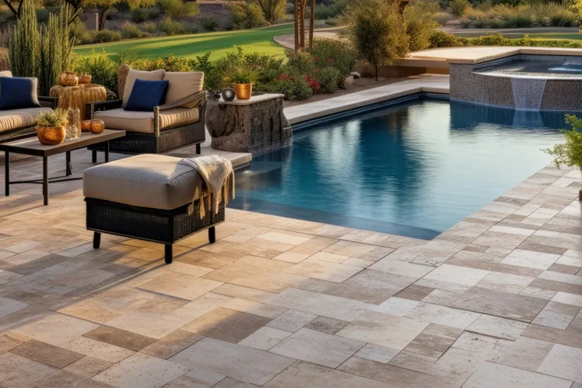 Pátio com piscina; piso travertino french pattern, móveis de vime com almofadas, fonte e gramado.