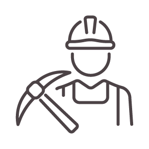 Ilustração de mineiro segurando uma picareta, usando capacete e macacão.