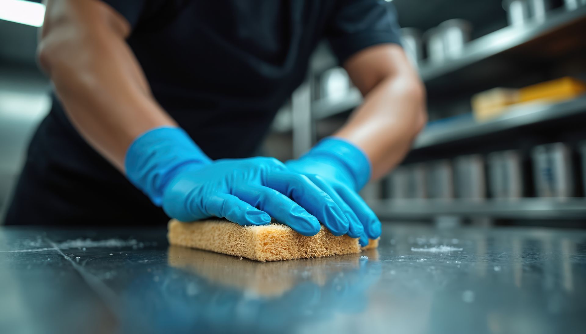 Blue-gloved hands wiping a countertop with a sponge in a kitchen or work area