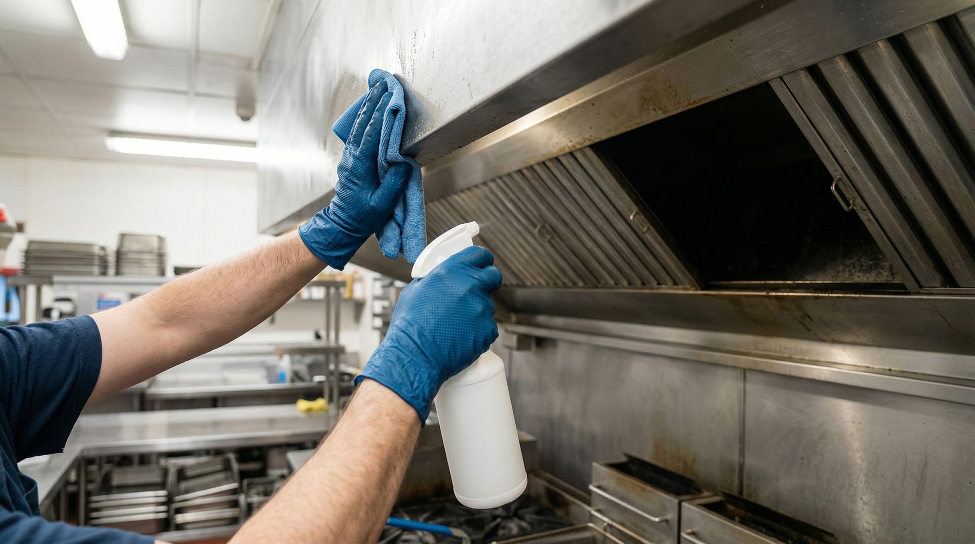Worker in blue gloves cleaning a stainless steel kitchen hood with a spray bottle