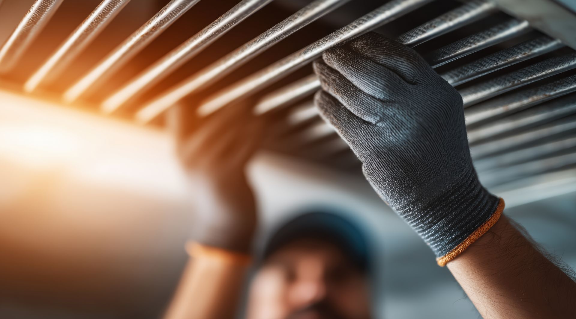 Gloved hands adjusting a metal grille with warm sunlight in the background