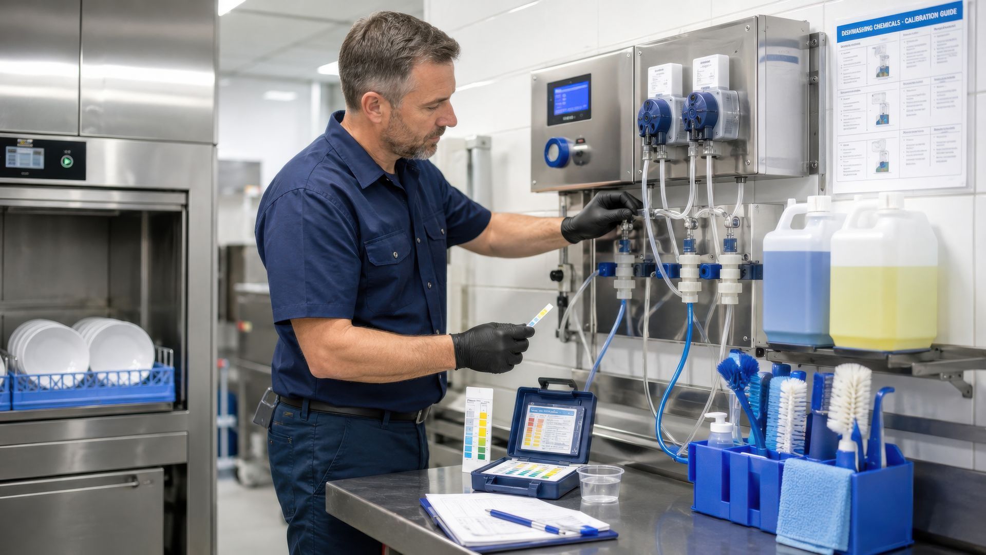 Man in a blue shirt adjusting a lab water purification system on a counter in a bright clinical kitchen/lab.