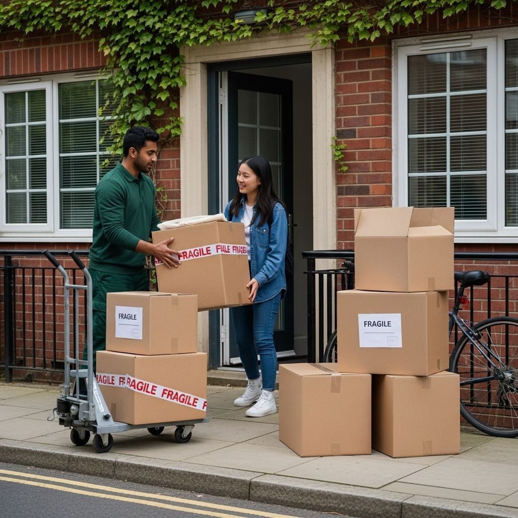 Man helps woman carry moving boxes outside brick building.