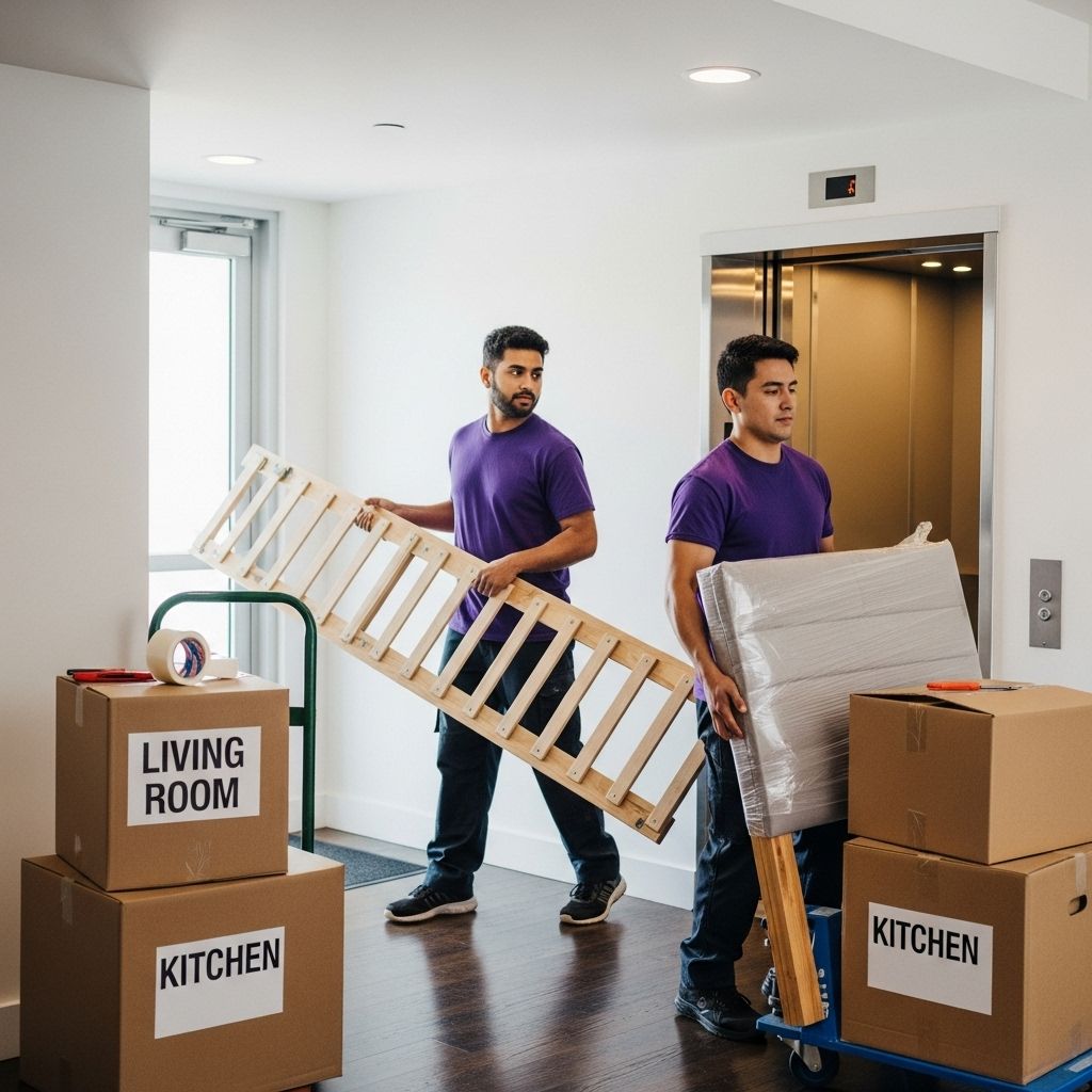 Two movers carrying furniture and boxes in an entryway, preparing to move items into an elevator.