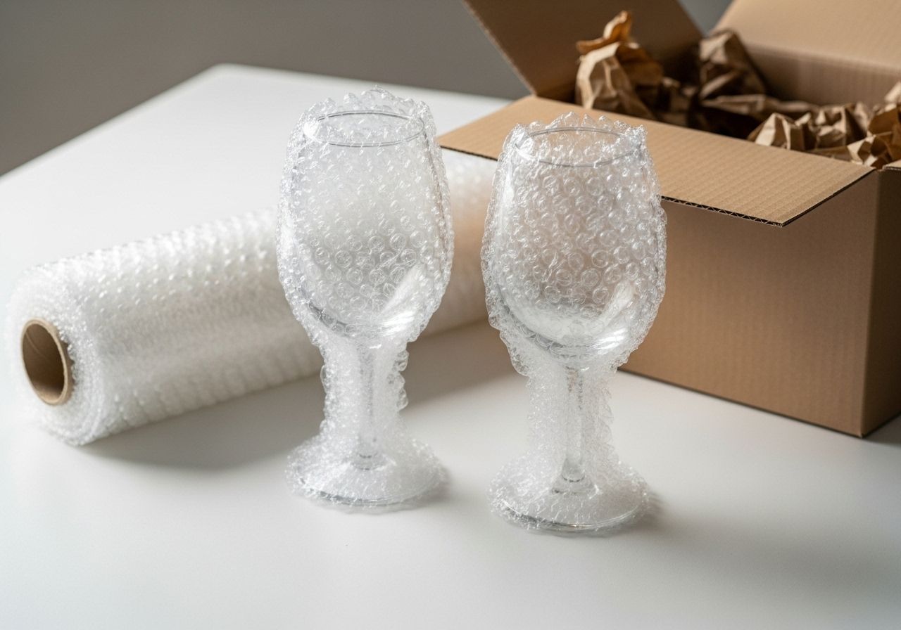 Two wine glasses wrapped in bubble wrap, next to a roll of bubble wrap and a cardboard box.