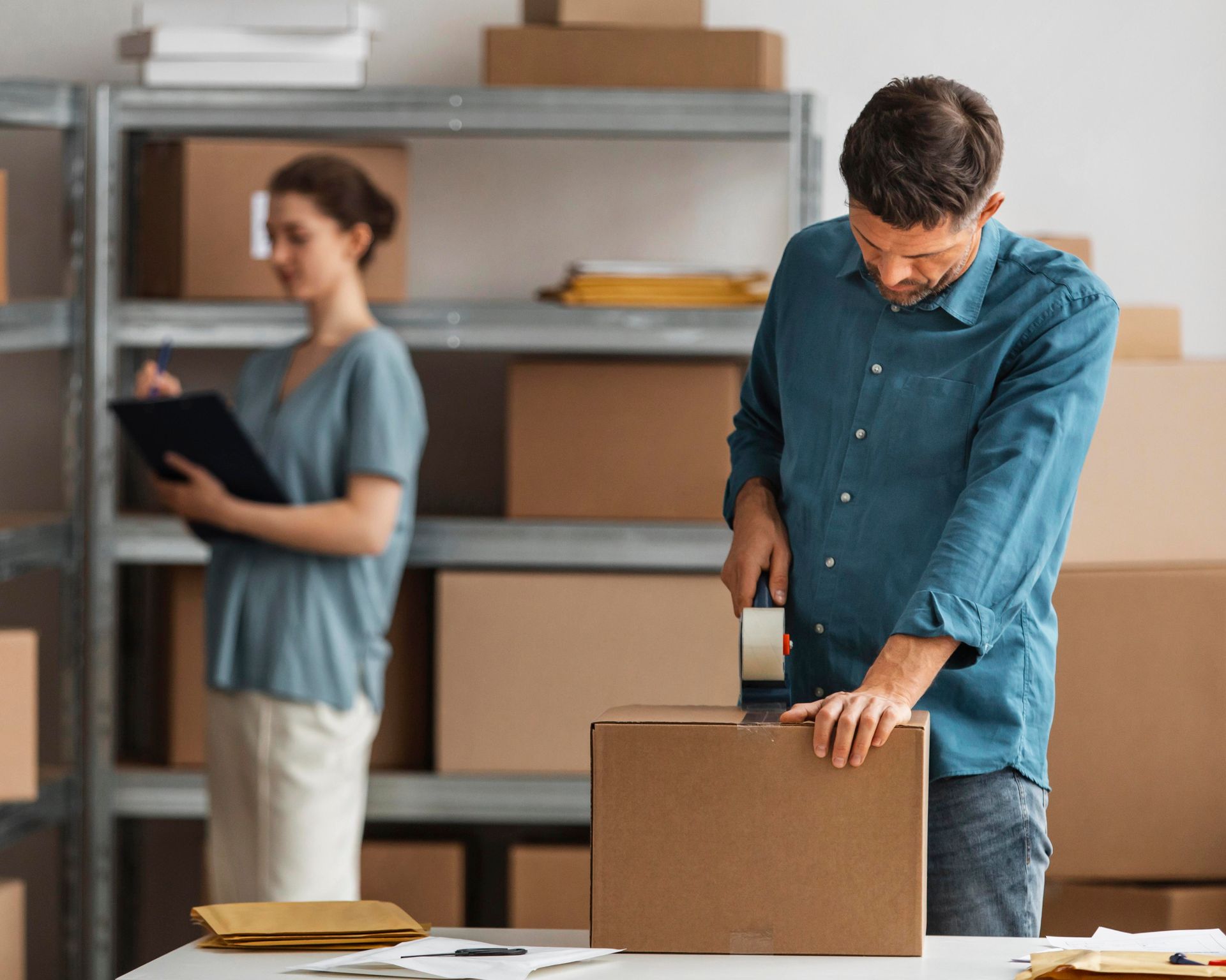 Man taping a cardboard box, woman writing on clipboard in a warehouse setting with shelves of boxes.