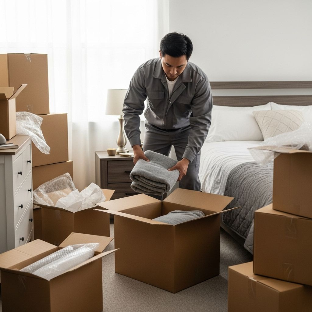 Man packing towels into a cardboard box in a bedroom filled with moving boxes.