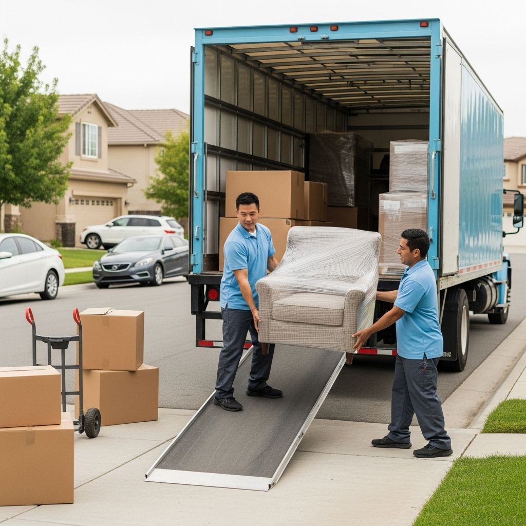 Two movers carrying a wrapped armchair out of a moving truck onto a ramp in front of a house.