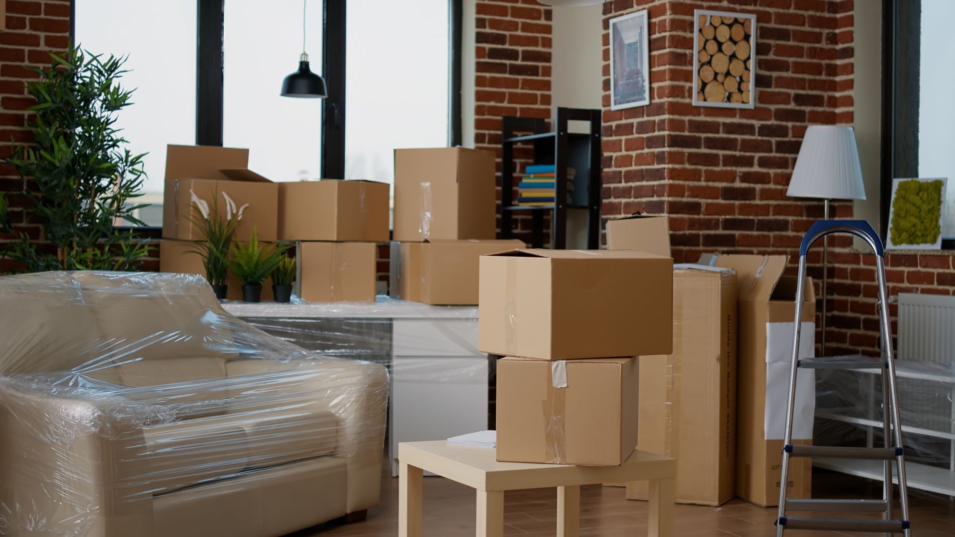 A living room filled with lots of cardboard boxes and furniture.