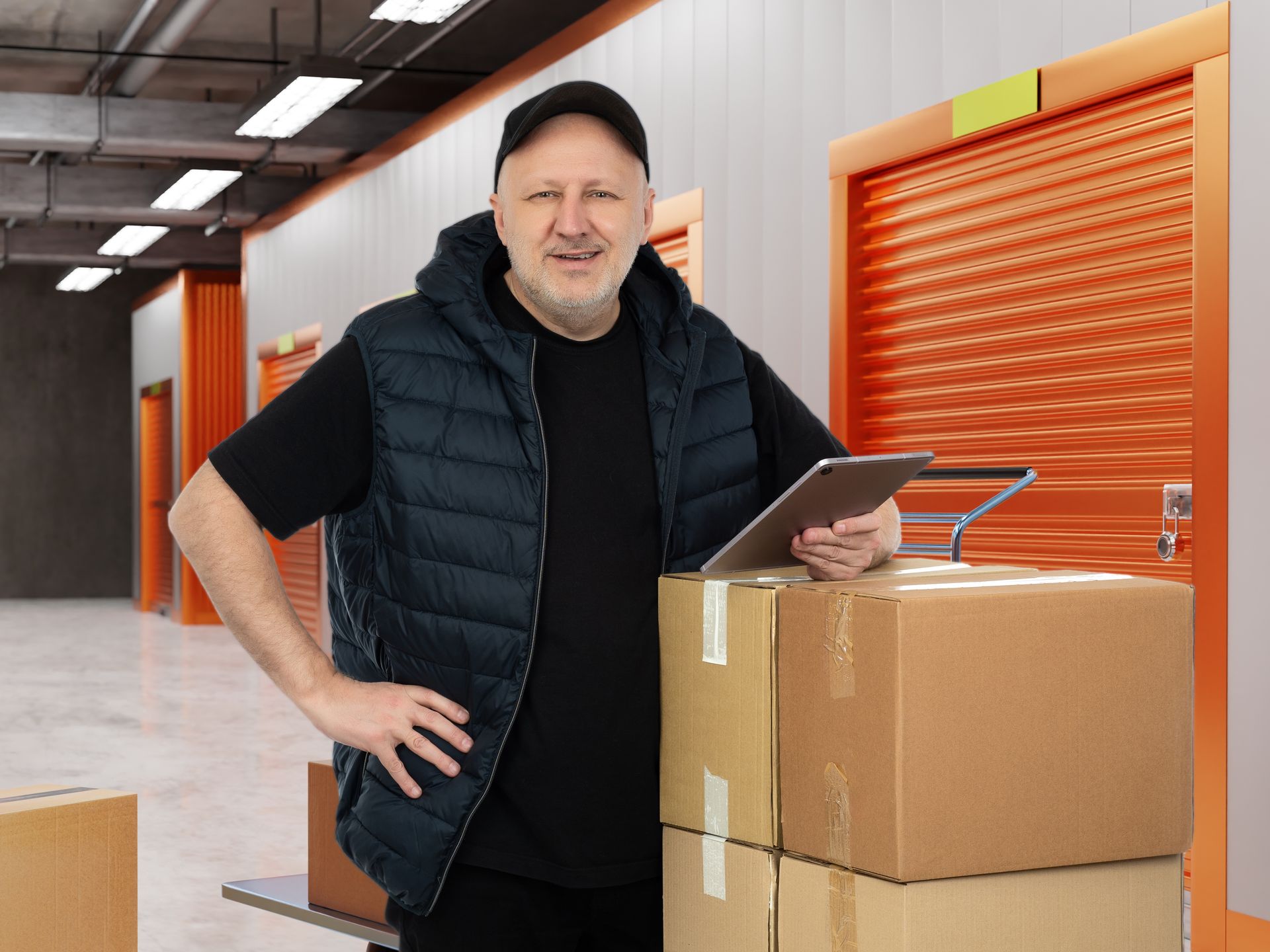 A man is holding a tablet and standing next to a pile of cardboard boxes.