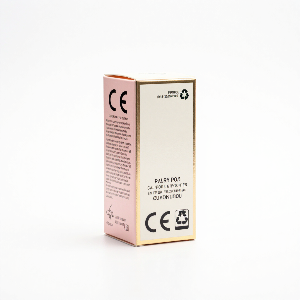 Pink and white medication box with CE markings, standing upright on a plain background