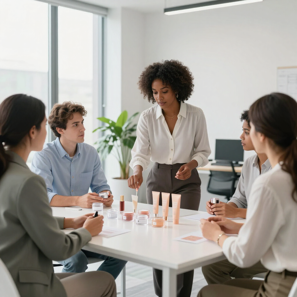 Group meeting around a table with cosmetic sample bottles in a bright office