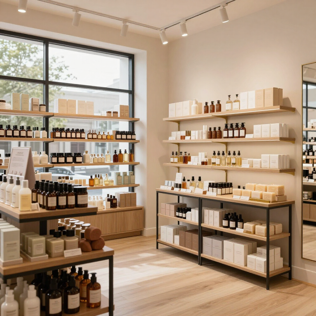 Bright minimalist shop interior with shelves of skincare and bottles, light wood floors, and a large window