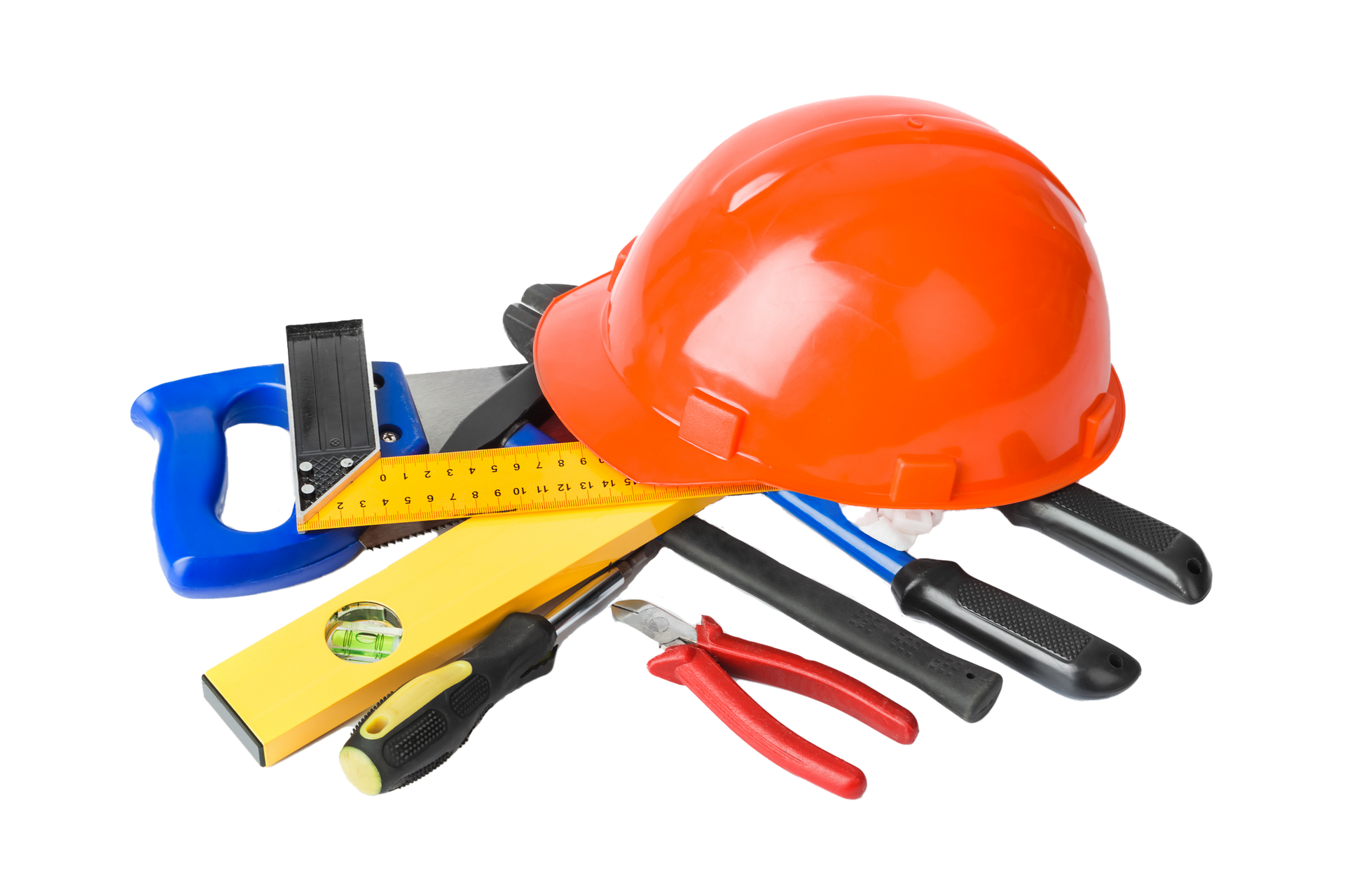 Orange hard hat and assorted construction tools.