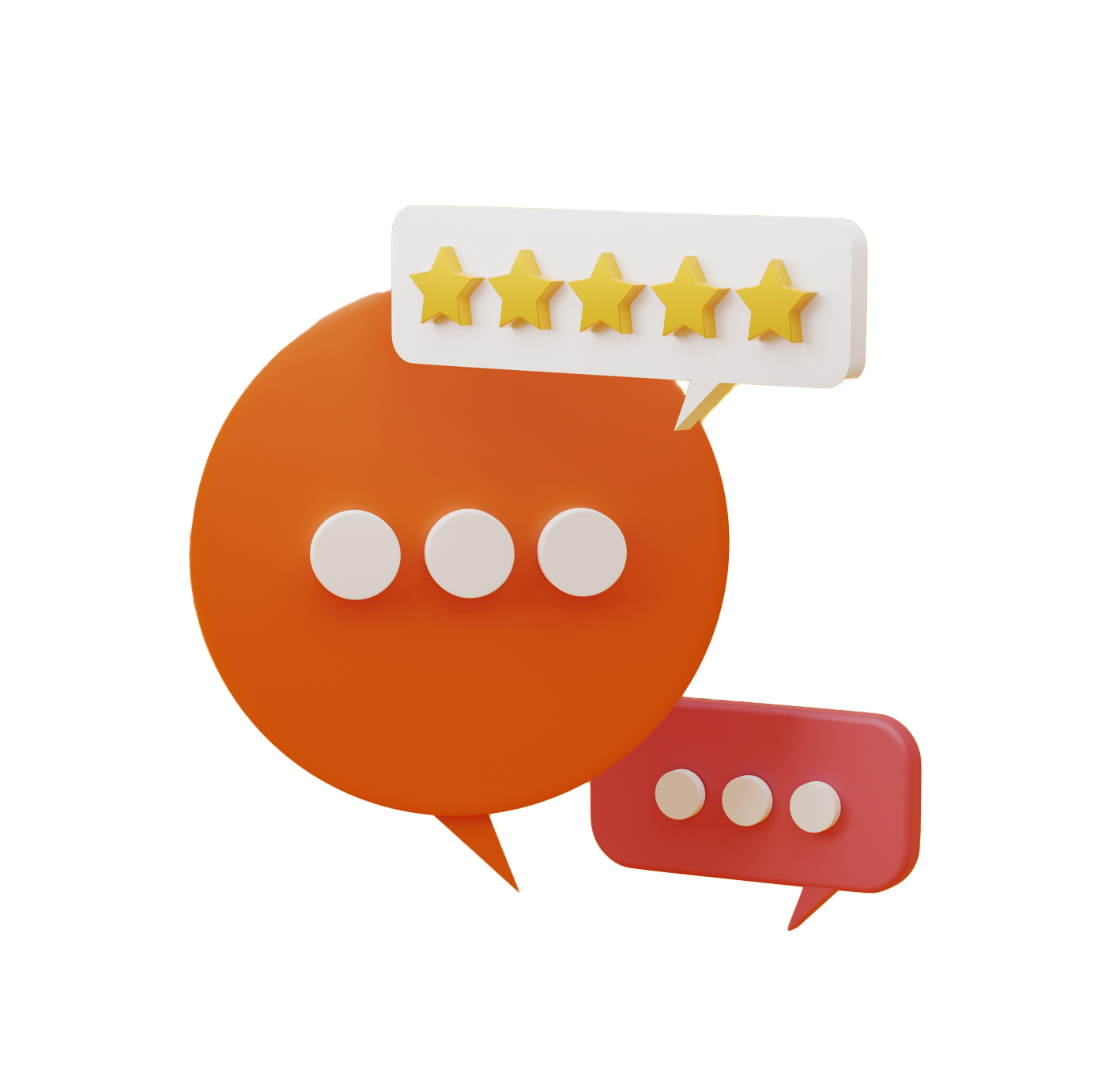 Orange and red speech bubbles with 3 dots each, 5-star rating above.