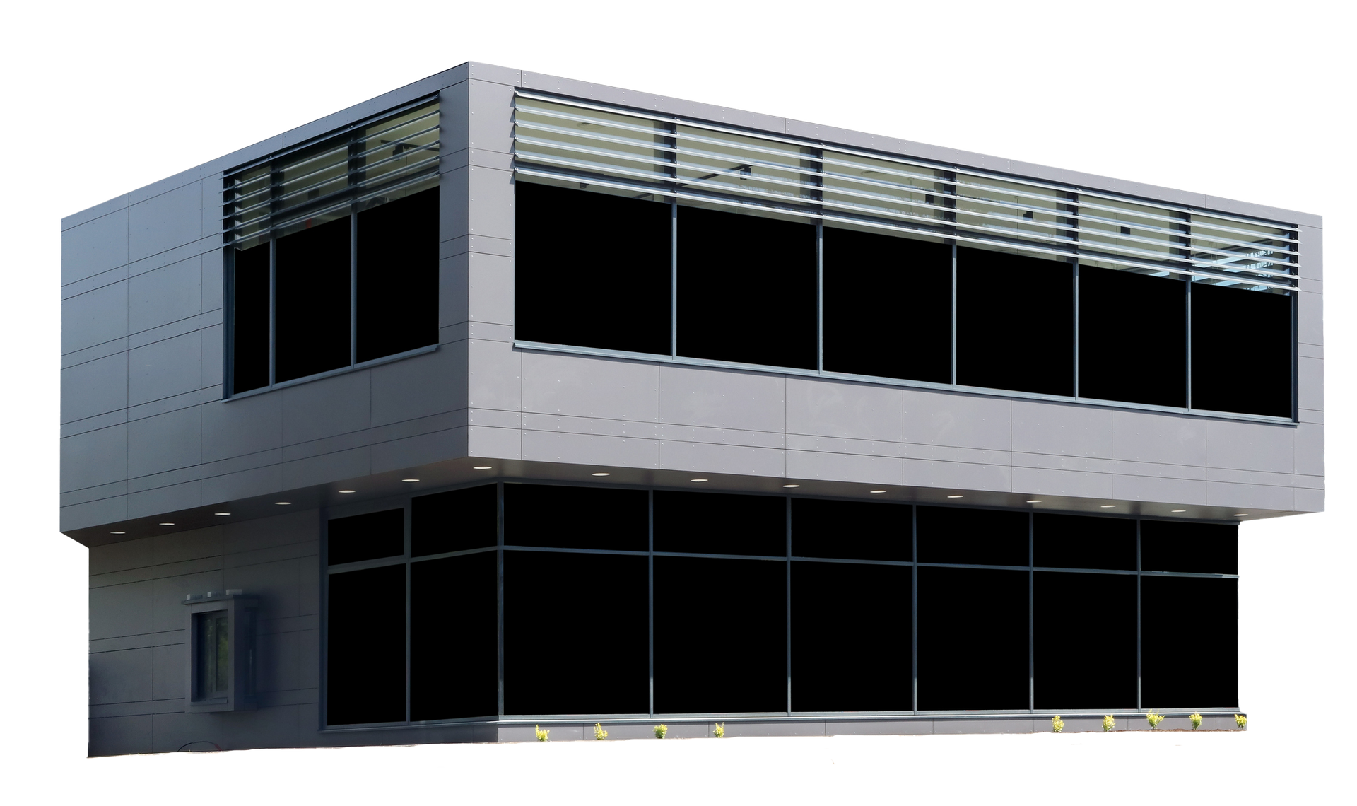 Modern, two-story building with large black windows, gray facade, and a flat roof with horizontal shades. Modern, two-story building with large black windows, gray facade, and a flat roof with horizontal shades.