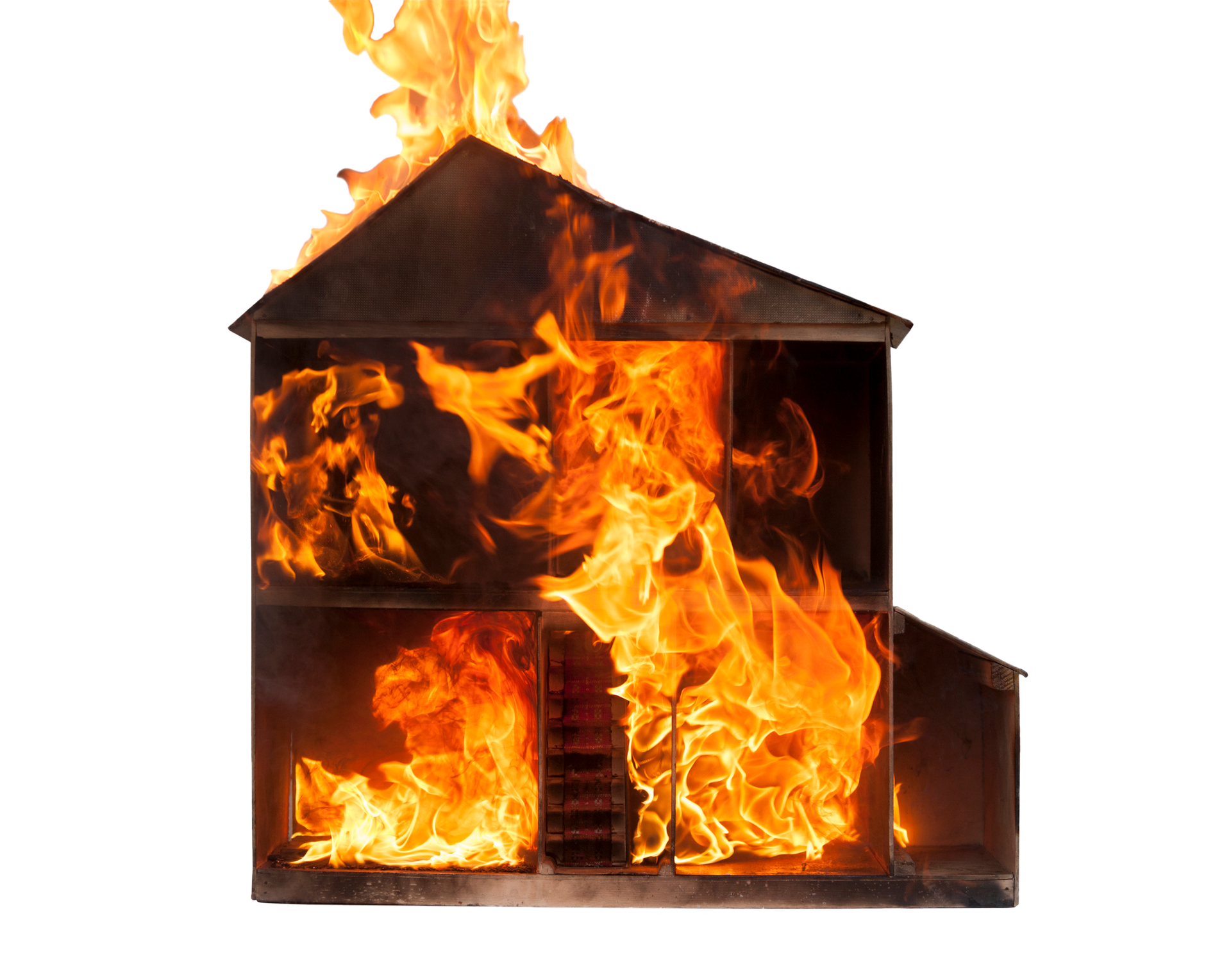 Burning wooden house, flames erupting from windows and roof, against a white background.
