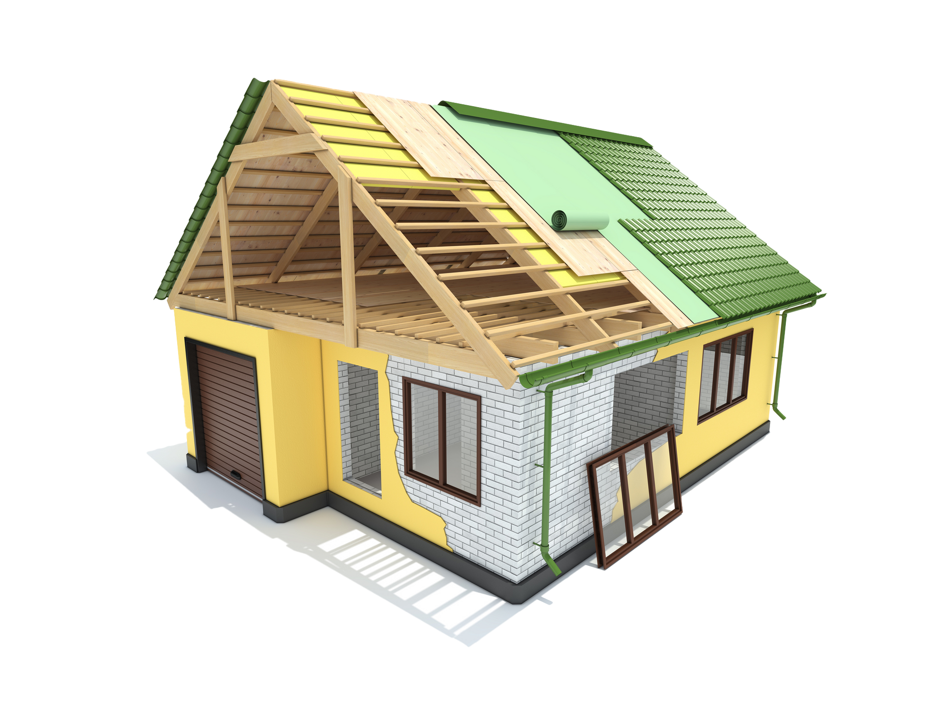 House under construction, showing roof and wall layers, yellow exterior, open framing.