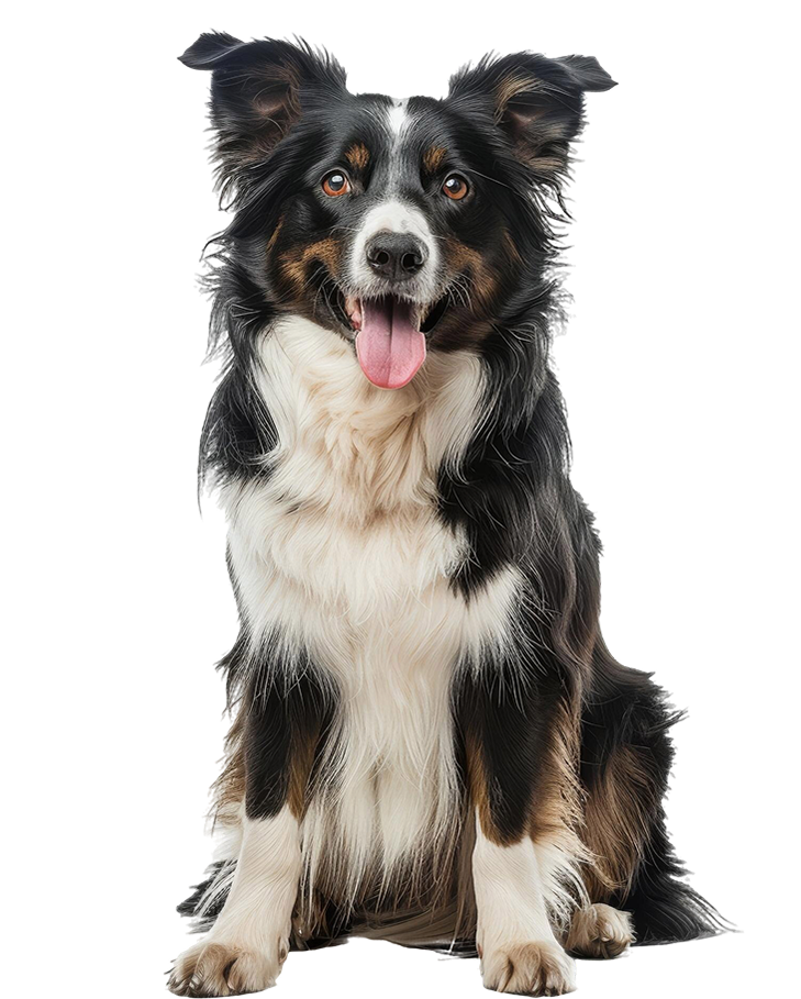 A black and white border collie dog is sitting on a white background.
