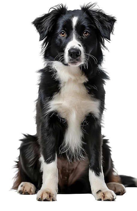 A black and white border collie dog is sitting on a white background.
