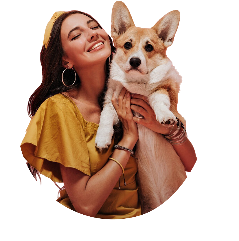 A woman in a yellow dress is holding a corgi dog